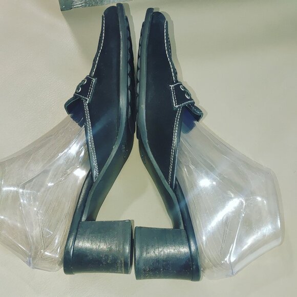 Coach Black Leather Size 7.5 Block Heels Slip On Mules Loafers Iris Suede Square - Picture 5 of 14